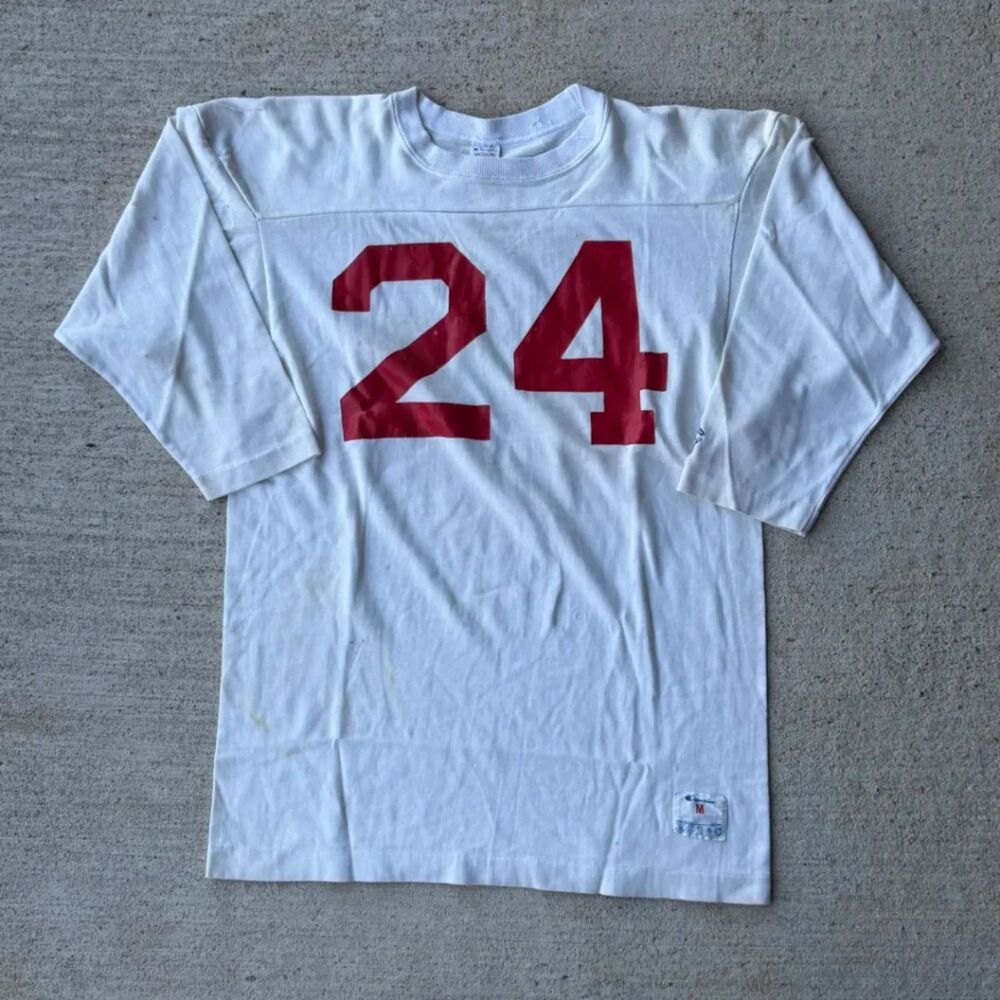 Vintage 80s Champion Blue Bar Number 24 Football Jersey Shirt 3/4 Sleeve USA M